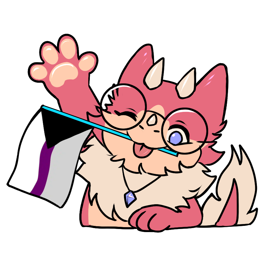 art by dialexus. Cyntia waving to the viewer with a demisexual flag